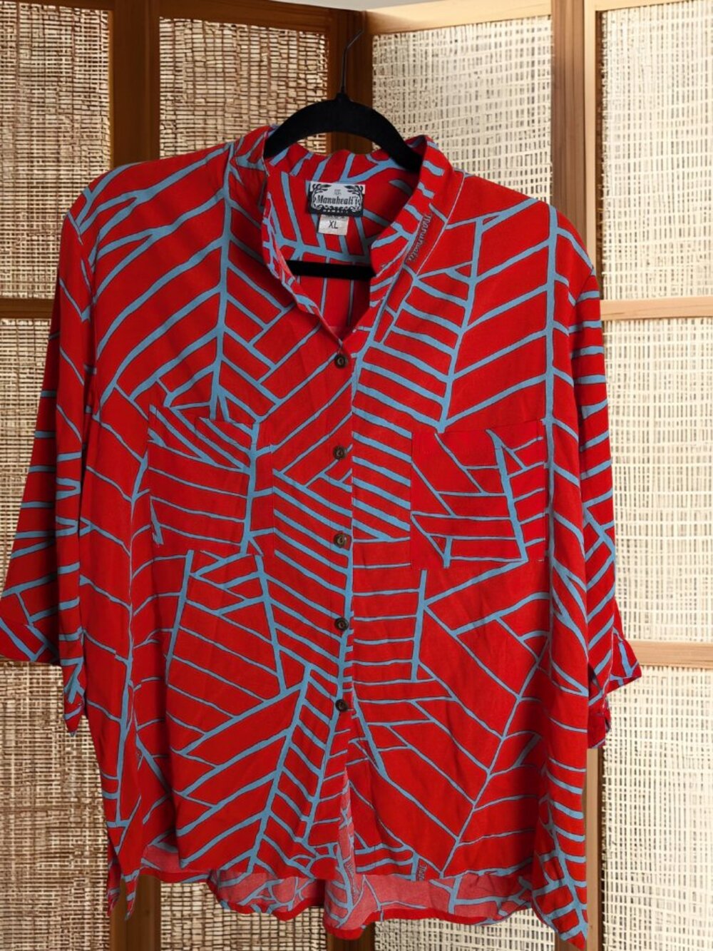Manuheali'i Women's XL Red and Turquoise Lightweight Tropical Geometric Blouse